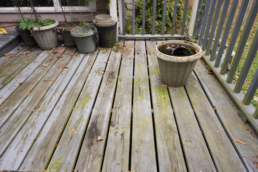 Weathered wooden deck with moss growth, discoloration, and warped boards, indicating it may be time for replacement.